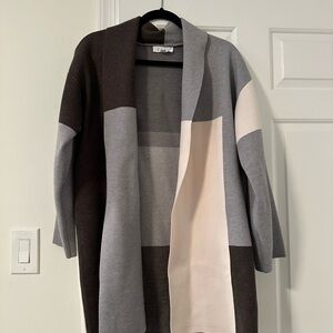 THML Colorblock Open Front Cardigan in Gray, Cream, and Brown